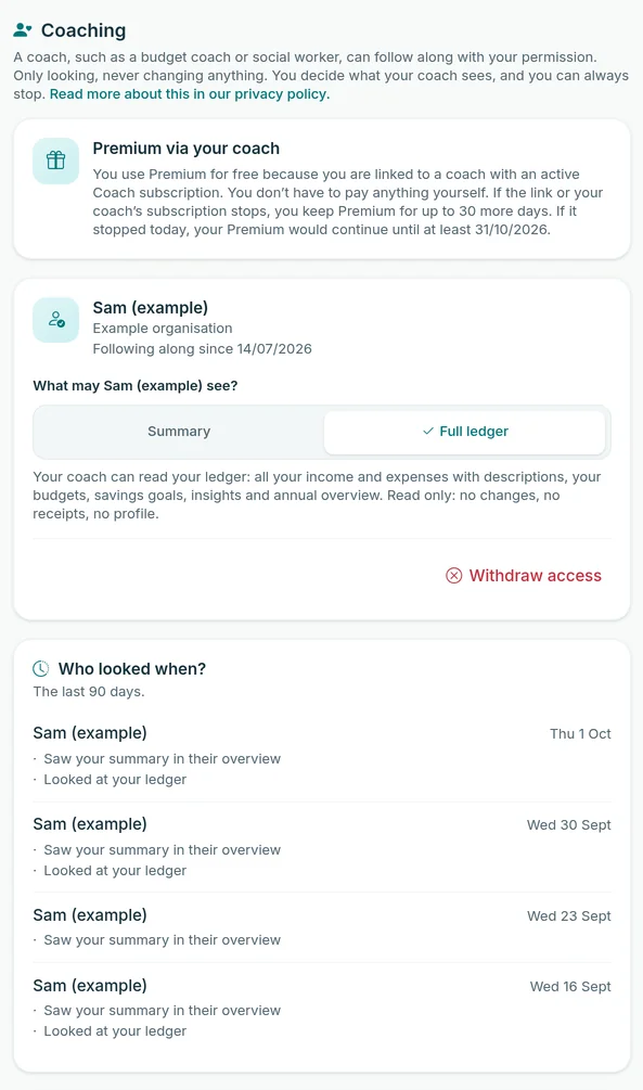 Coaching section of the profile as the client sees it: the linked coach with a Summary or Full ledger switch, the Withdraw access button and the access log 'Who looked when?'.