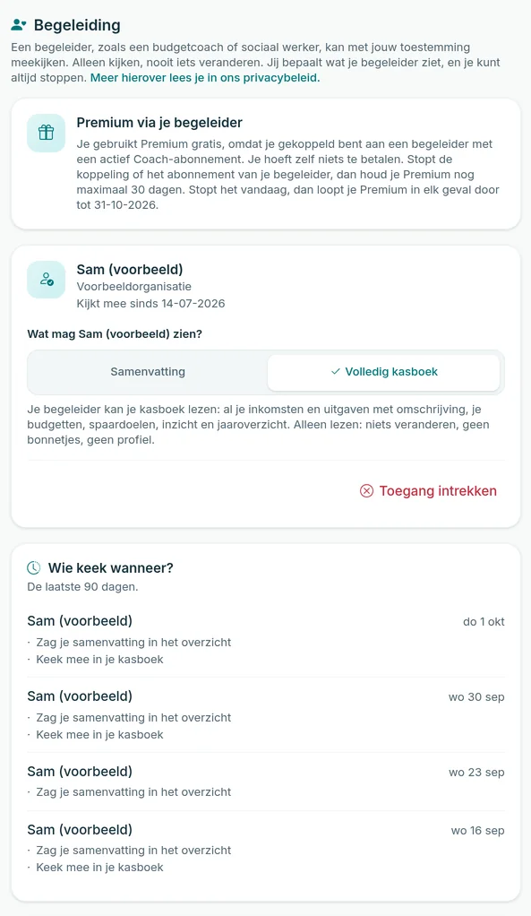 Profielonderdeel Begeleiding zoals de cliënt het ziet: de gekoppelde begeleider met de keuze Samenvatting of Volledig kasboek, de knop Toegang intrekken en het toegangslog 'Wie keek wanneer?'.