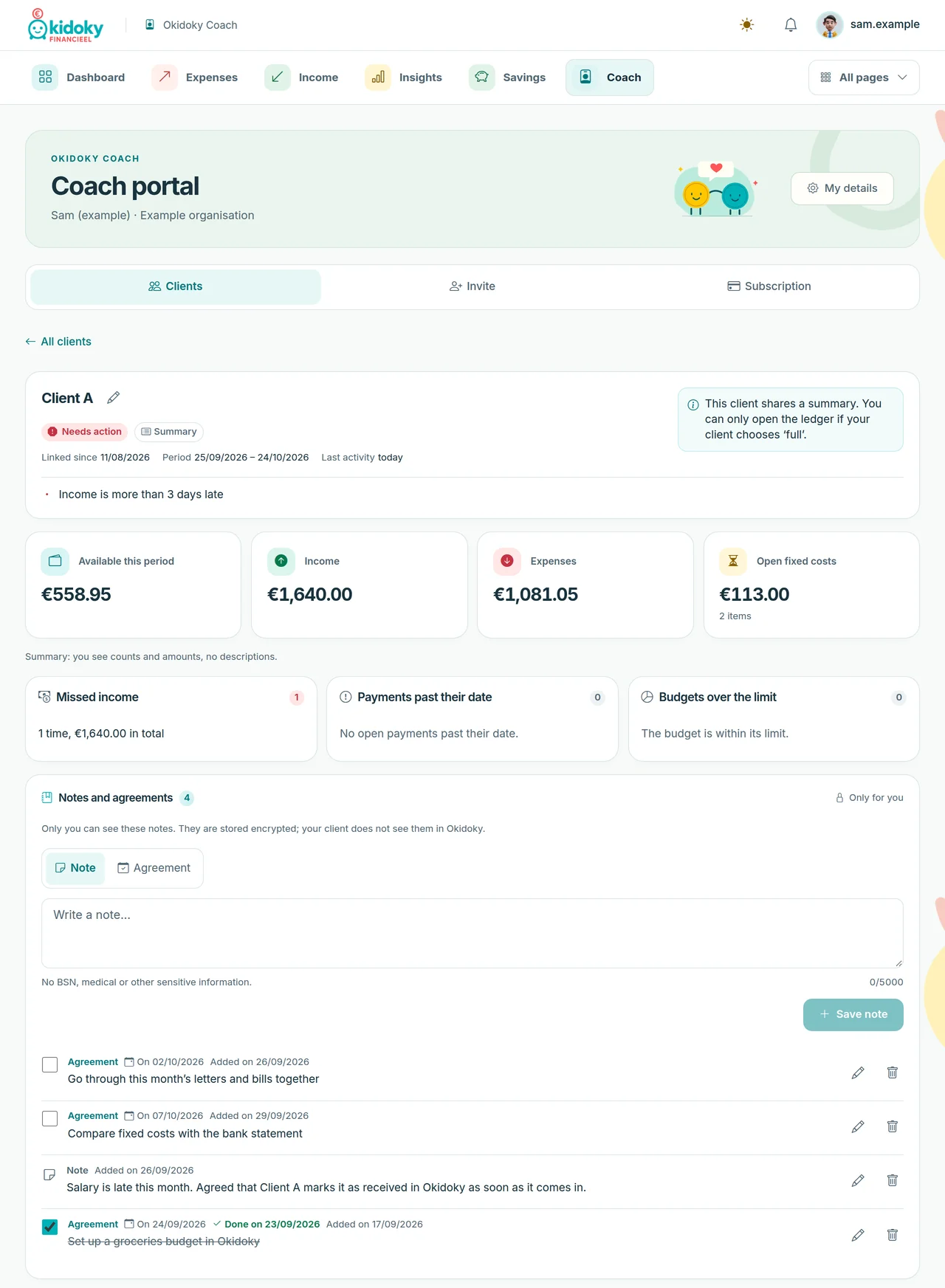 Detail page of one client: the status Needs action, tiles for available amount, income, expenses and open fixed costs, three signal blocks and the Notes and agreements panel.