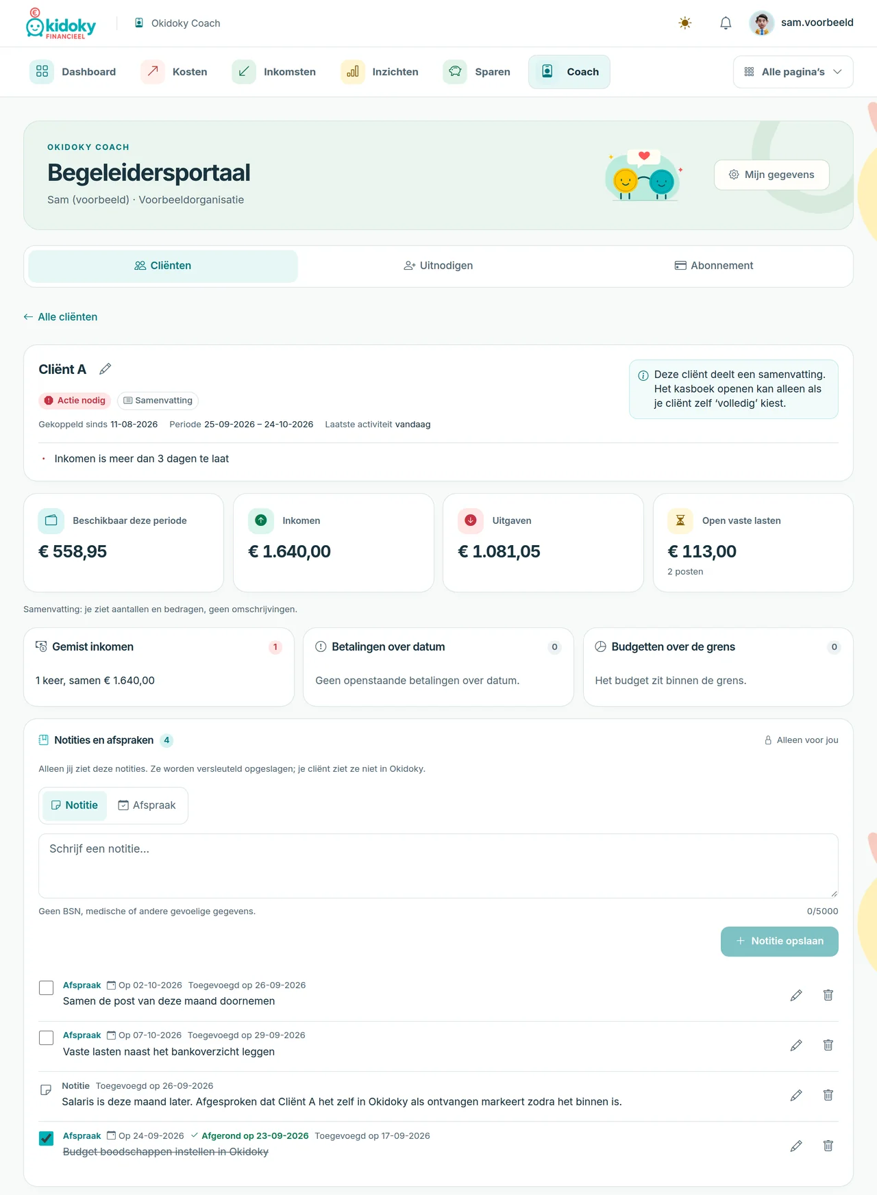 Detailpagina van één cliënt: de status Actie nodig, tegels voor beschikbaar bedrag, inkomen, uitgaven en open vaste lasten, drie signaalblokken en het blok Notities en afspraken.