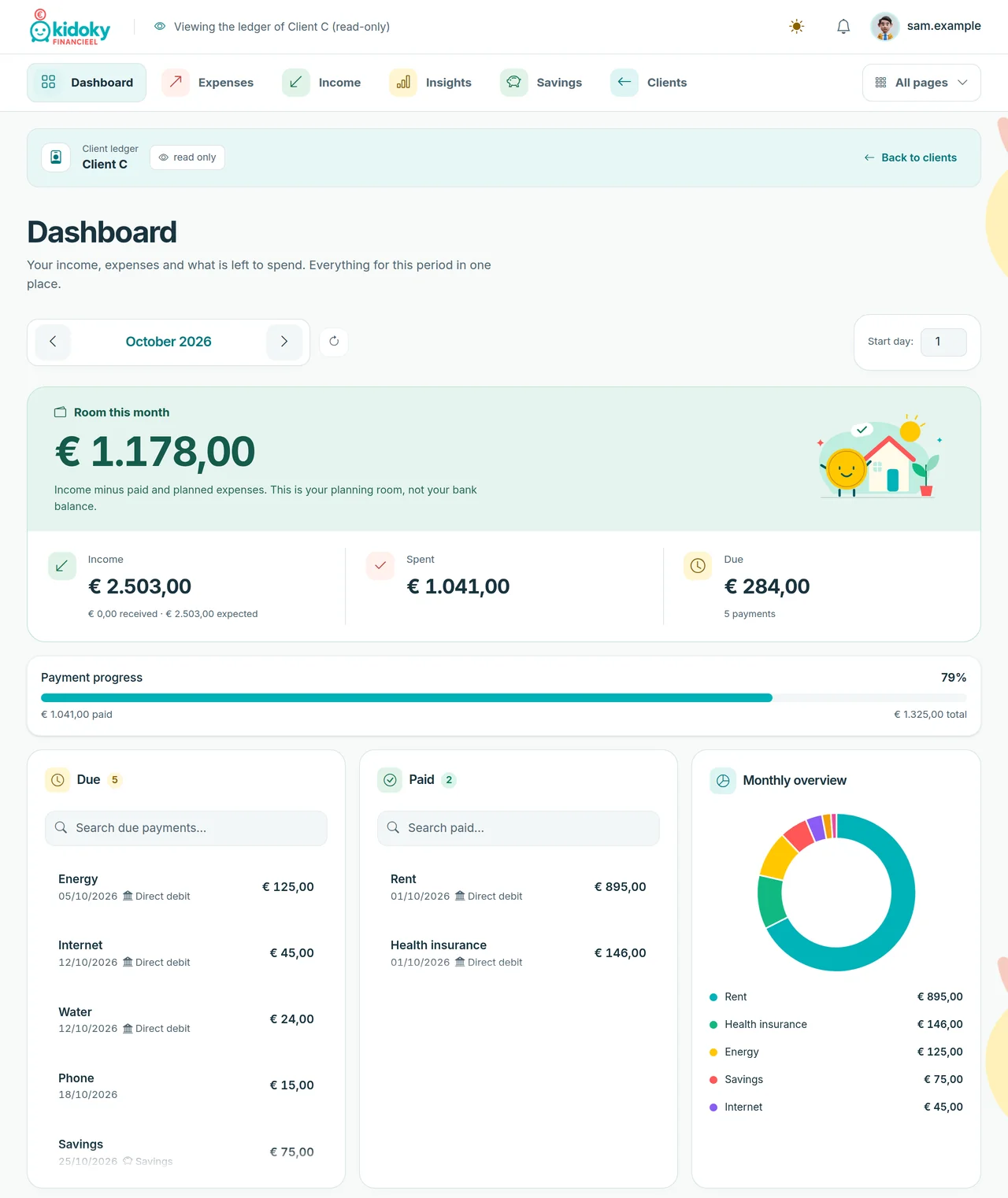 A client's dashboard as the coach sees it, with a bar at the top saying it is the client's ledger, read only, and a button back to the clients.